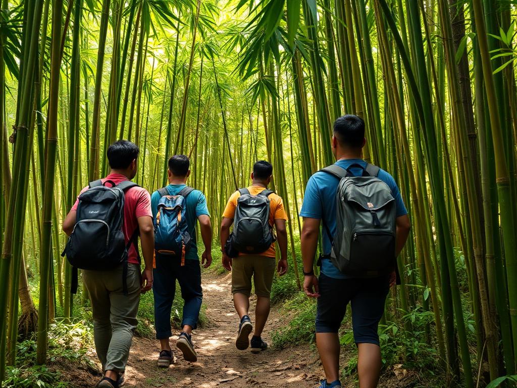 Our guides leading travellers through a bamboo forest trail